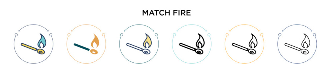 Match fire icon in filled, thin line, outline and stroke style. Vector illustration of two colored and black match fire vector icons designs can be used for mobile, ui, web