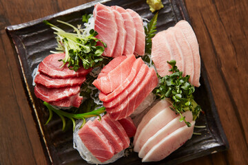 Various parts of fresh tuna sashimi	