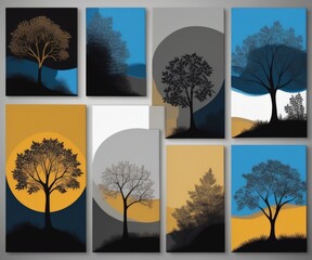 Silhouettes of beautiful plants on canvas.Gold, black, blue and gray colors. Interior painting. Beautiful background