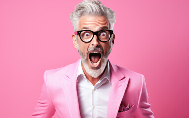 Old handsome fashion man was Surprised and excited, opening eyes and mouth, Bright solid light color background. created by generative AI technology.
