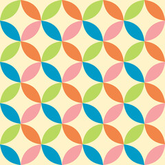 green blue pink Seamless geometric pattern of circles on white background. Simple geo pattern. Clothing fabric print. Seamless trellis background