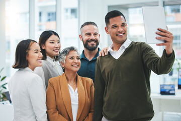 Selfie, tablet and group of business people smile in office for support of global team building. Diversity, employees and happy friends with digital tech for profile picture about us on social media