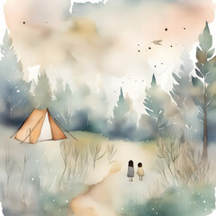 landscape with camping and sunset