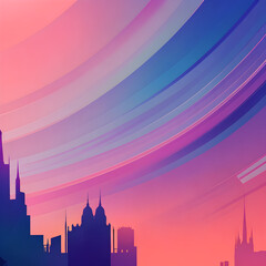 city skyline with rainbow