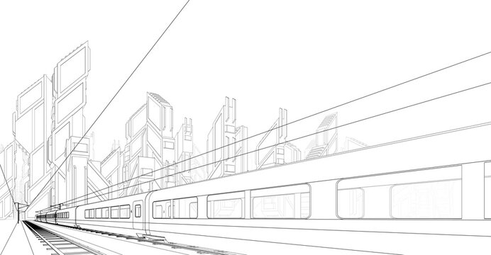 Futuristic city scene with train 3d rendering