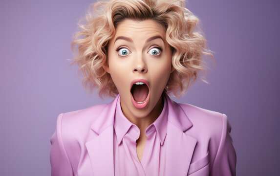 Young ultra beauty manager girl was Surprised and excited, opening eyes and mouth, Bright solid light color background. created by generative AI technology.