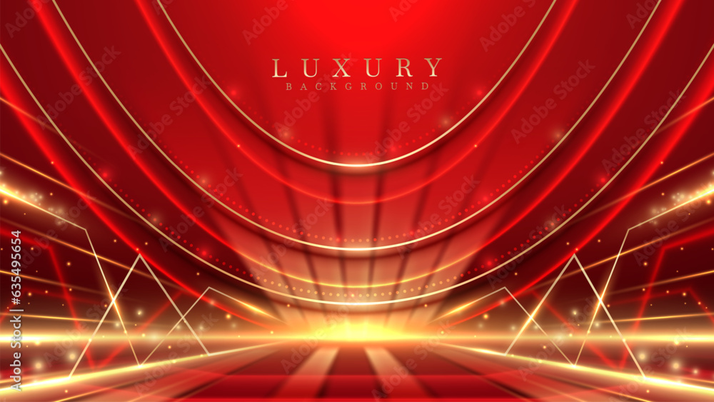 Canvas Prints Red stage scene and gold curve lines element with glitter light effect decorations and bokeh. Luxury background. Vector illustration.