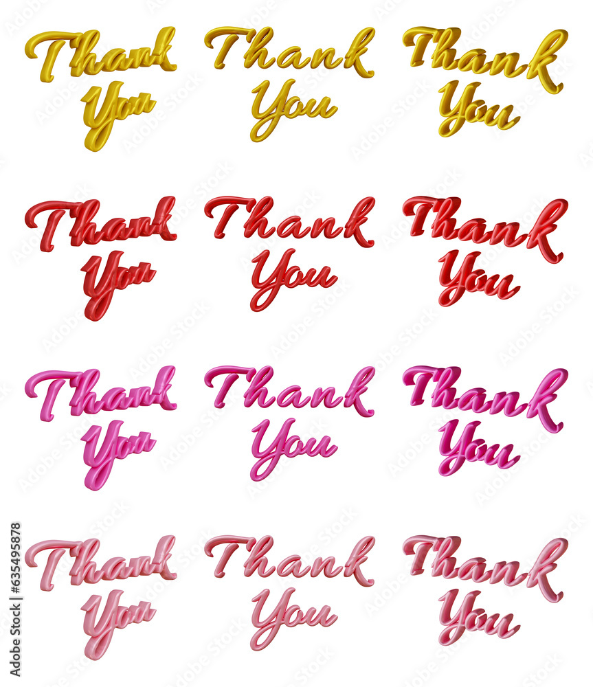 Poster set of thank you word typography design isolated on transparent background in 3d rendering for messa