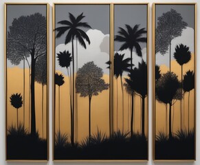 Silhouettes of beautiful plants on canvas.Gold, black, blue and gray colors. Interior painting. Beautiful background