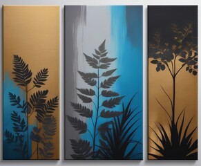 Silhouettes of beautiful plants on canvas.Gold, black, blue and gray colors. Interior painting. Beautiful background