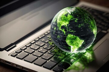 Green Alternative Laptop keyboard with green globe. Environmentally friendly technology, sustainable development goals generated