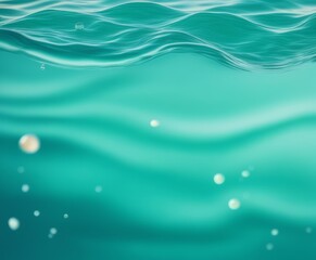Naklejka na ściany i meble Trendy summer nature banner. Defocused aqua-mint liquid colored clear water surface texture with splashes bubbles. Water waves in sunlight background.