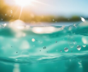 Naklejka na ściany i meble Trendy summer nature banner. Defocused aqua-mint liquid colored clear water surface texture with splashes bubbles. Water waves in sunlight background.
