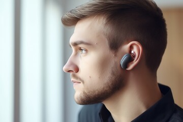 The young man uses a hearing aid. Concept of the danger of loudly listening to headphones. Health of the younger generation. generative ai