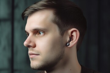 The young man uses a hearing aid. Concept of the danger of loudly listening to headphones. Health of the younger generation. generative ai
