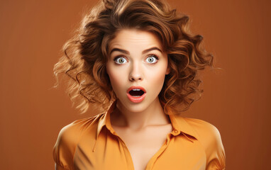 Fototapeta premium Young ultra beauty manager girl was Surprised and excited, opening eyes and mouth, Bright solid light color background. created by generative AI technology.