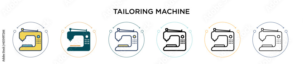 Poster tailoring machine icon in filled, thin line, outline and stroke style. vector illustration of two co