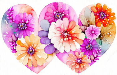 storybook Colorful Heart Shape Flowers rainbow  Heart Shape and Bird on  white canvas. Generative AI, 생성형