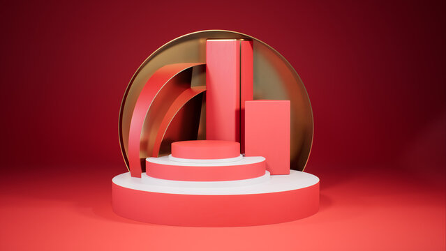 Luxury display podium with orange-red background. 3D rendering