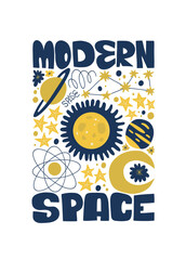 Space and cosmos abstract elements. Astronomy and Stellar composition. Modern trendy Matisse minimal style. Universe and Galaxy poster, invite. Vector arrangements for greeting card