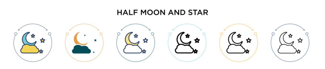 Half moon and star icon in filled, thin line, outline and stroke style. Vector illustration of two colored and black half moon and star vector icons designs can be used for mobile, ui, web