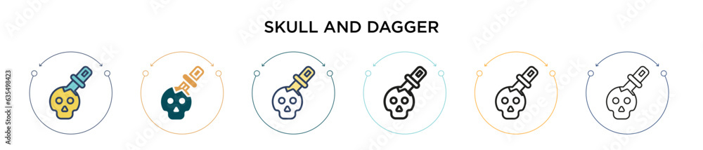 Poster skull and dagger icon in filled, thin line, outline and stroke style. vector illustration of two col