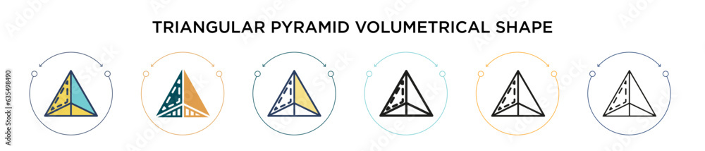 Poster triangular pyramid volumetrical shape icon in filled, thin line, outline and stroke style. vector il