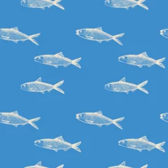 Foto op Aluminium Fish Sardine seamless pattern. Background with pilchard drawing. Hand drawn seafood decorative ornament for packaging design, label, print, backdrop, card, template. Vector illustration design element © Oxi An