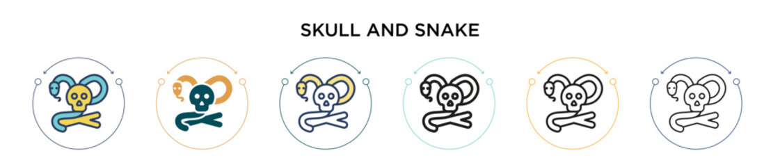 Skull and snake icon in filled, thin line, outline and stroke style. Vector illustration of two colored and black skull and snake vector icons designs can be used for mobile, ui, web