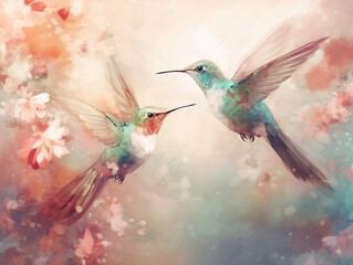 Obraz premium Abstract hummingbirds floral background, calm, peaceful, painterly, wallpaper, printed, poster