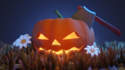 Pumpkins In Graveyard In The Spooky Night. An ax chops a pumpkin on a stump - Halloween Backdrop 3d render