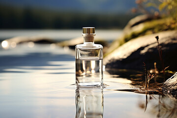 bottle of perfume over water, fresh clean scent, minimalist product