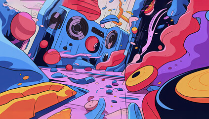Colorful cartoonish grunge graffiti music wallpaper poster illustration made with Generative AI 