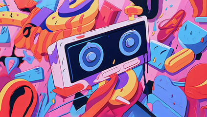 Colorful cartoonish grunge graffiti music wallpaper poster illustration made with Generative AI 