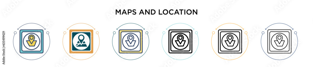 Poster maps and location icon in filled, thin line, outline and stroke style. vector illustration of two co