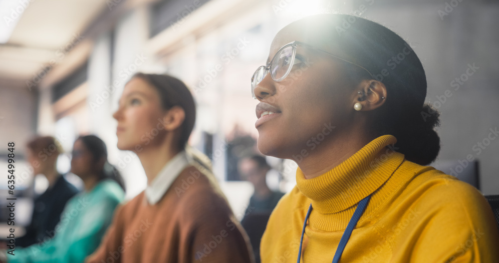 Aufkleber portrait of a bright inspired young african female student studying in modern university with divers