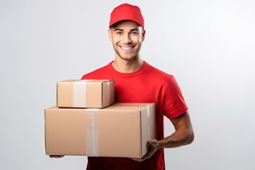 A young man wearing a polo shirt handed over a box of parcels to the side. white background portrait