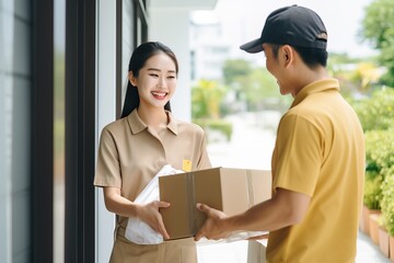 The man receives the package from the woman's courier at the door. - obrazy, fototapety, plakaty