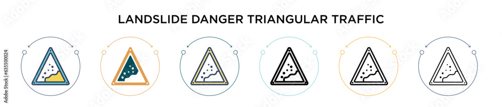 Poster landslide danger triangular traffic signal icon in filled, thin line, outline and stroke style. vect