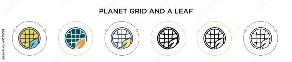 Poster planet grid and a leaf icon in filled, thin line, outline and stroke style. vector illustration of t