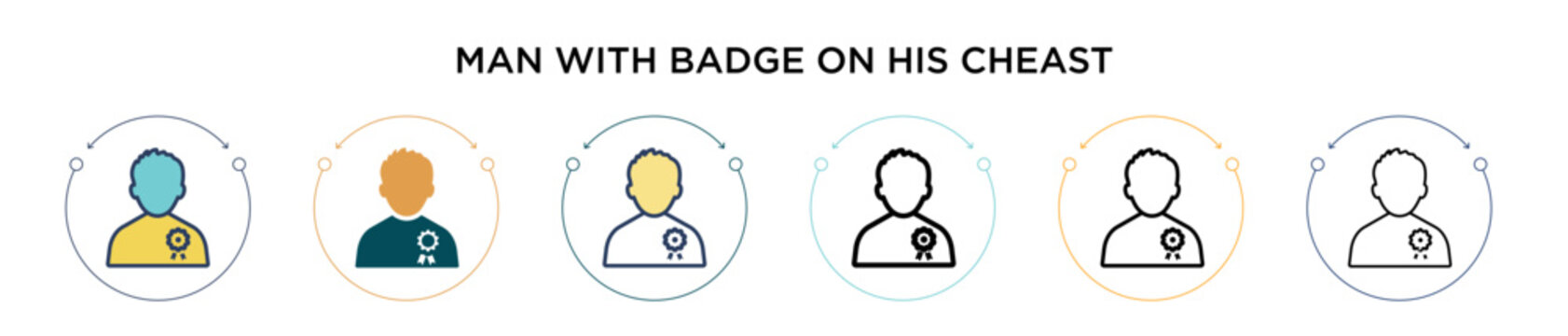 Man with badge on his cheast icon in filled, thin line, outline and stroke style. Vector illustration of two colored and black man with badge on his cheast vector icons designs can be used for mobile,