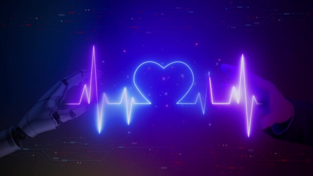 Glowing neon heart pulse line icon connecting between human hand to robot hand. Innovative technologies in medical health care futuristic. Healthy lifestyle, wellbeing, love, mindfulness concept.