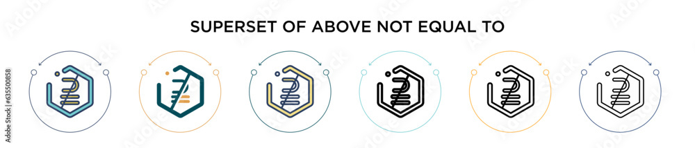 Poster superset of above not equal to symbol icon in filled, thin line, outline and stroke style. vector il
