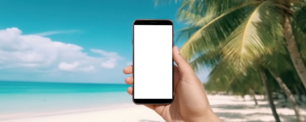 Hand holding mobile phone with cut out screen on summer beach resort background