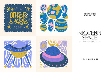 Space and cosmos abstract elements. Astronomy and Stellar composition. Modern trendy Matisse minimal style. Universe and Galaxy poster, invite.