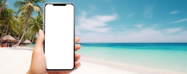 Hand holding mobile phone with cut out screen on summer beach resort background