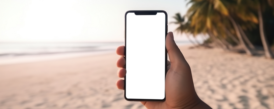Hand holding mobile phone with cut out screen on summer beach resort background