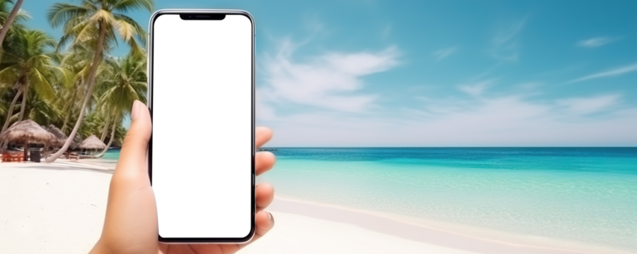 Hand holding mobile phone with cut out screen on summer beach resort background