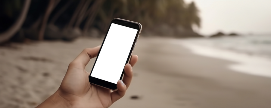 Hand holding mobile phone with cut out screen on summer beach resort background