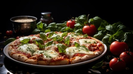 Delicious homemade Italian Margherita pizza on a thick pastry crust, garnished with fresh basil. Traditional food photography. Generative AI.